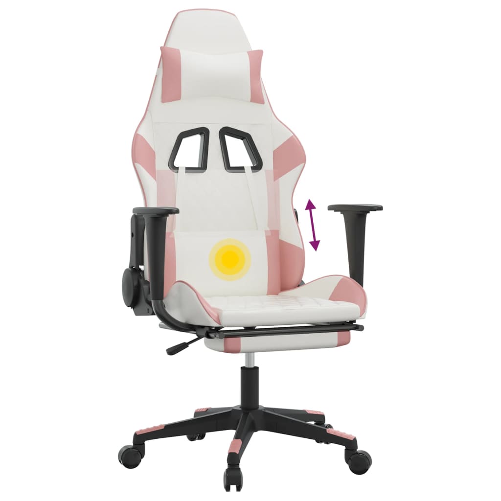 vidaXL Massage Gaming Chair with Footrest White&Pink Faux Leather