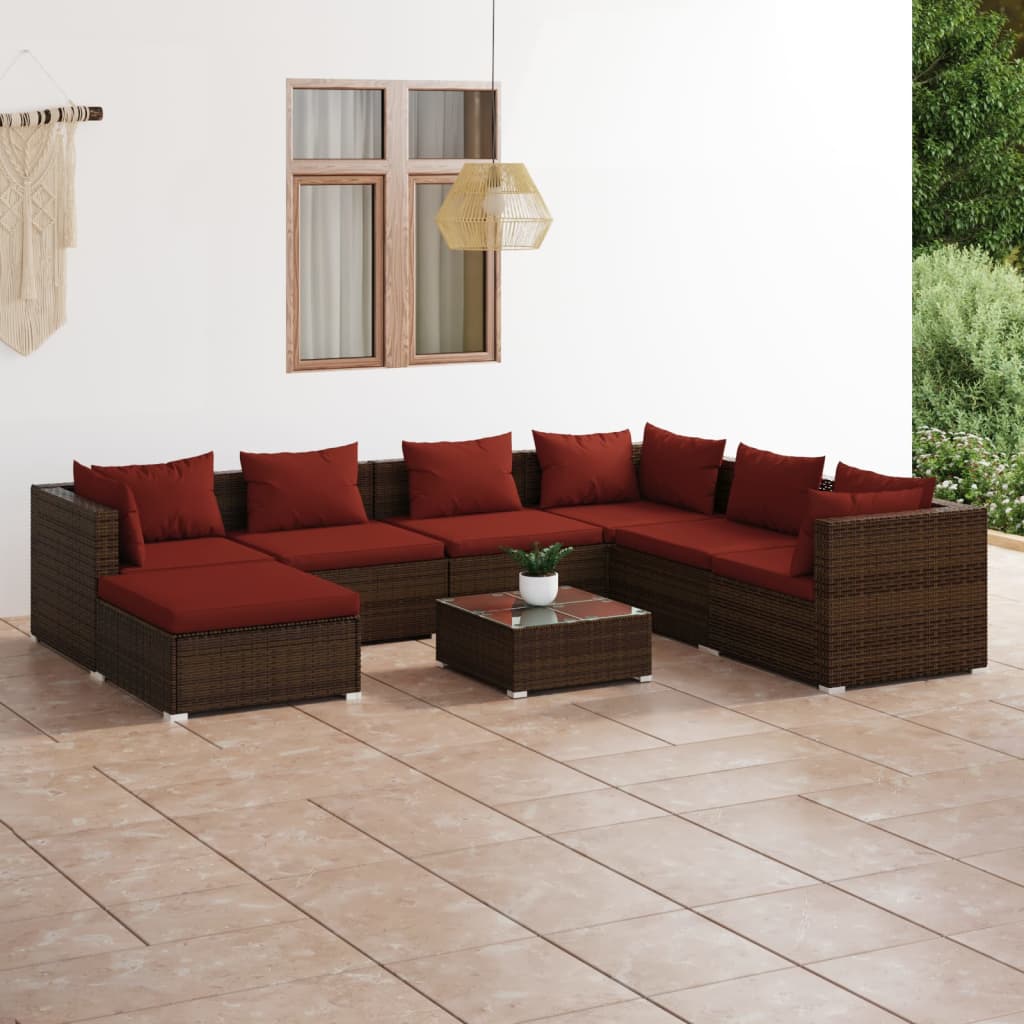 vidaXL 8 Piece Patio Lounge Set with Cushions Poly Rattan Brown