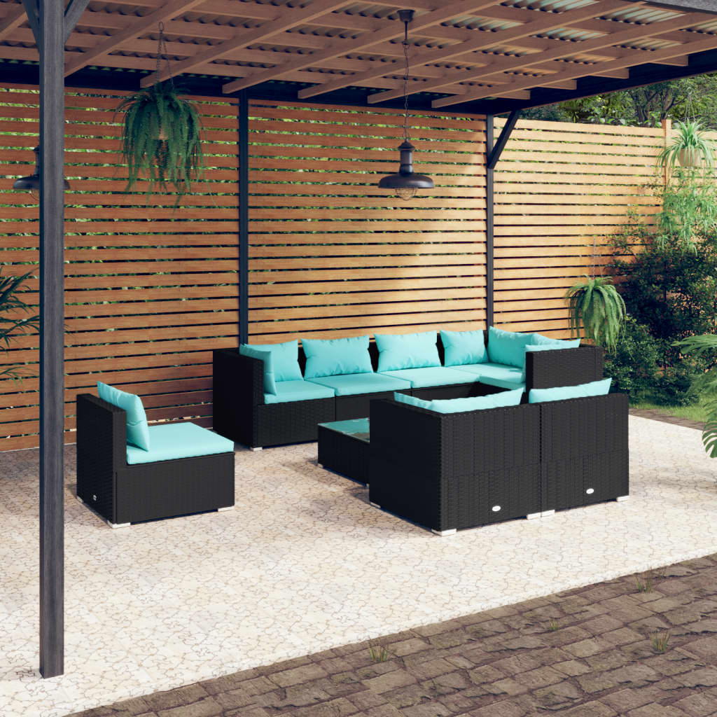 vidaXL 9 Piece Patio Lounge Set with Cushions Poly Rattan Black