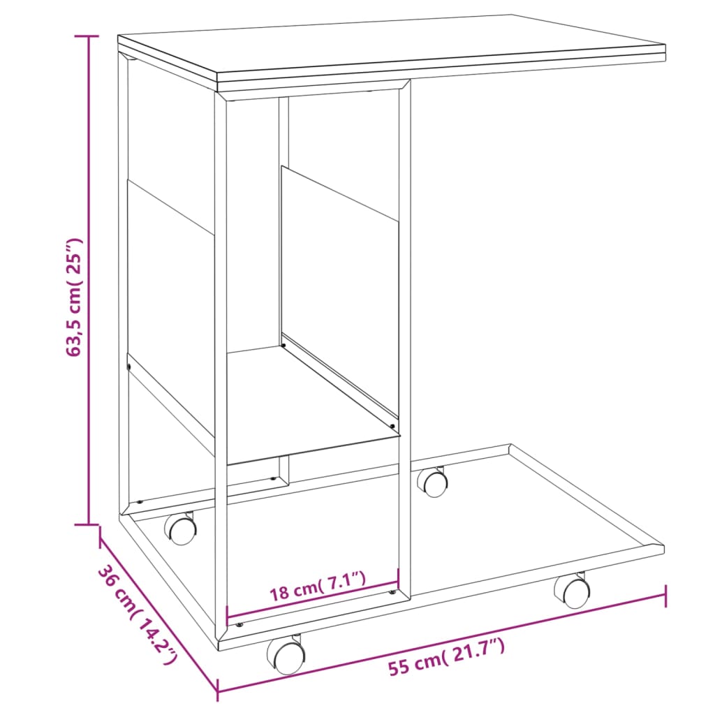 vidaXL Side Table with Wheels Black 21.7"x14.2"x25" Engineered Wood