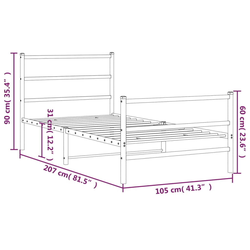 vidaXL Metal Bed Frame without Mattress with Footboard White 39.4"x78.7"