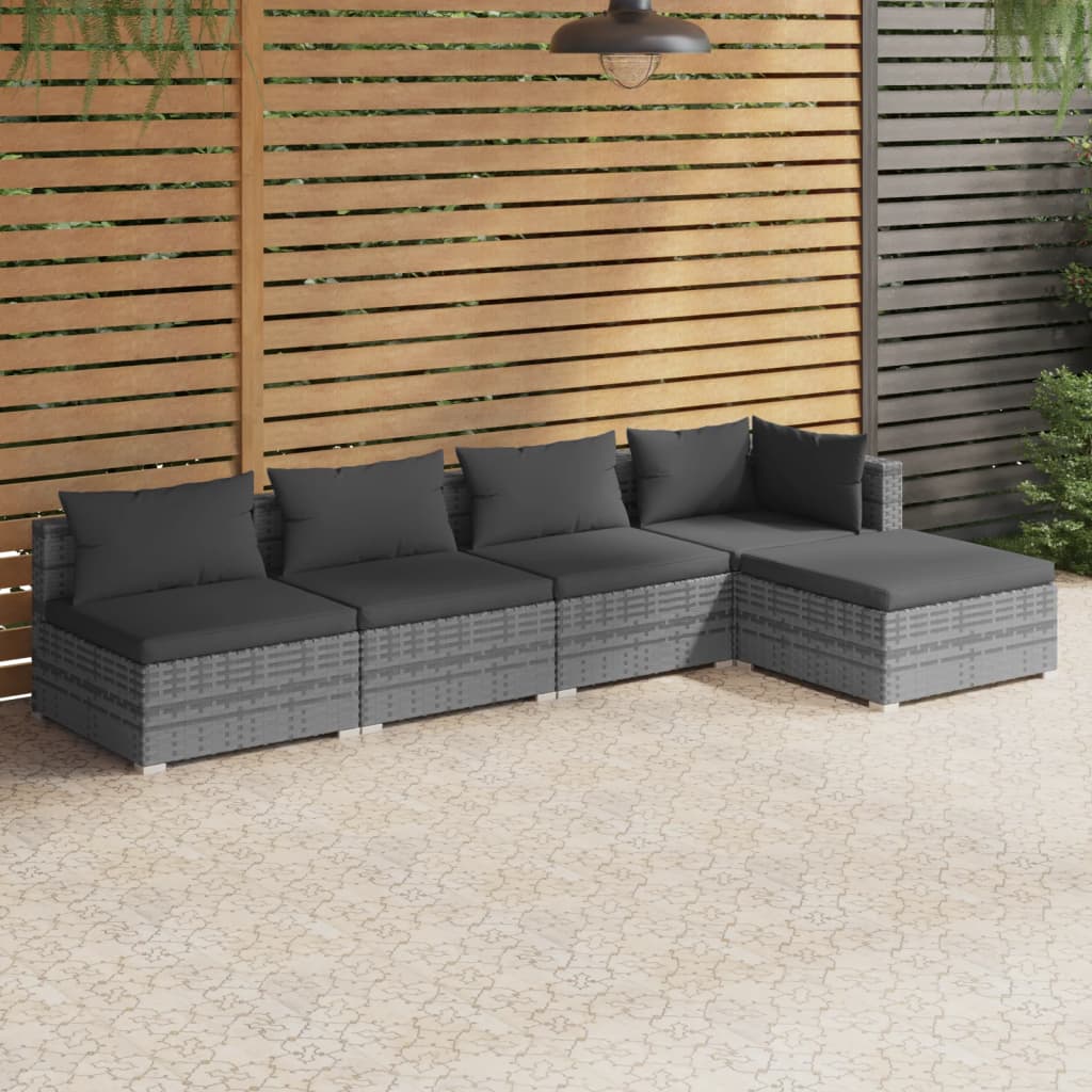 vidaXL 5 Piece Garden Lounge Set with Cushions Poly Rattan Gray