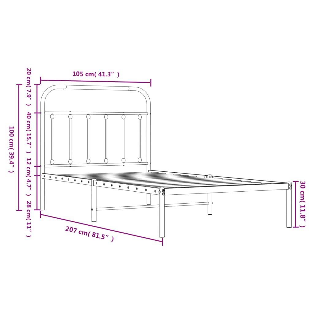 vidaXL Metal Bed Frame with Headboard Black 39.4"x78.7"