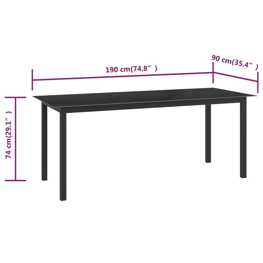 vidaXL Patio Table Black 74.8"x35.4"x29.1" Aluminum and Glass