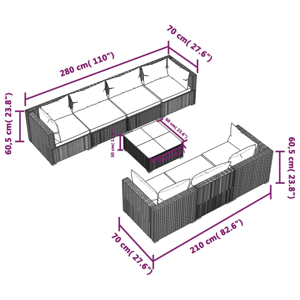 vidaXL 8 Piece Patio Lounge Set with Cushions Poly Rattan Brown