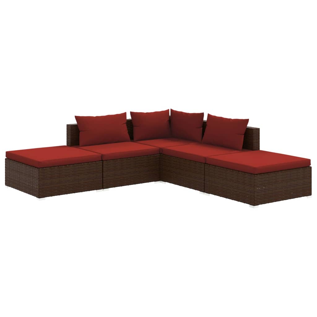 vidaXL 5 Piece Patio Lounge Set with Cushions Poly Rattan Brown