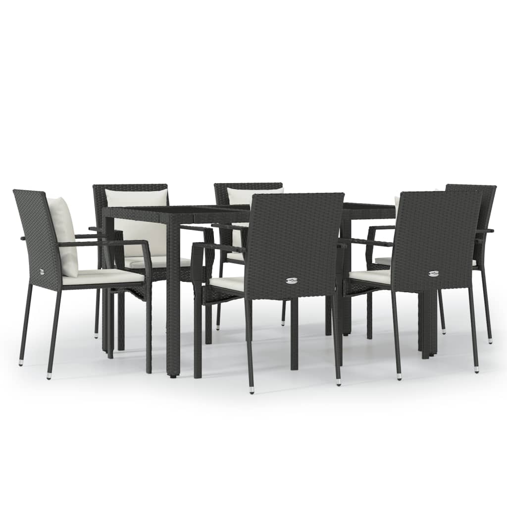 vidaXL 7 Piece Patio Dining Set with Cushions Black Poly Rattan