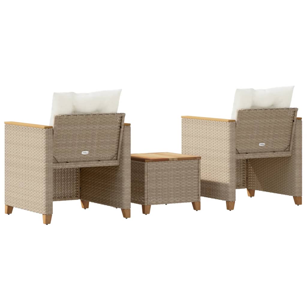 vidaXL 3 Piece Bistro Set with Cushions Beige Poly Rattan Acacia Wood