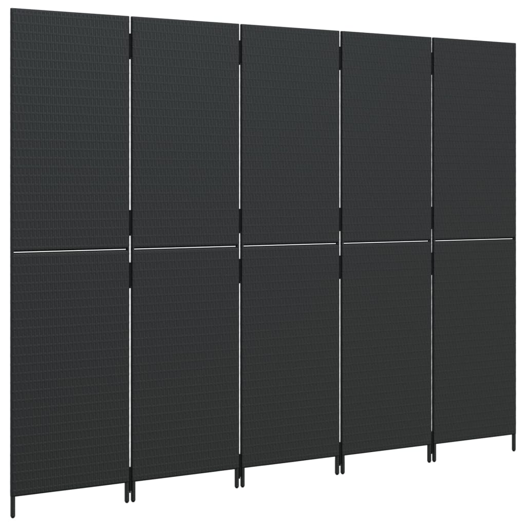 vidaXL Room Divider 5 Panels Black Poly Rattan