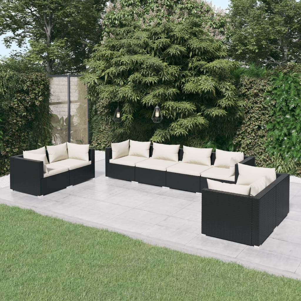 vidaXL 8 Piece Patio Lounge Set with Cushions Poly Rattan Black