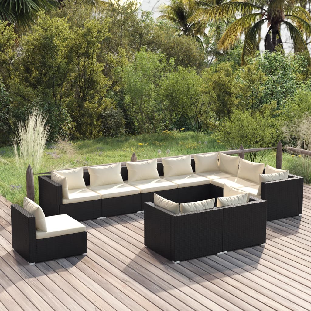 vidaXL 10 Piece Patio Lounge Set with Cushions Poly Rattan Black