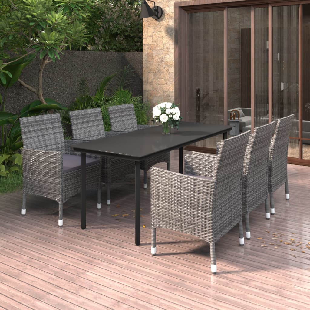 vidaXL 7 Piece Patio Dining Set with Cushions Poly Rattan and Glass