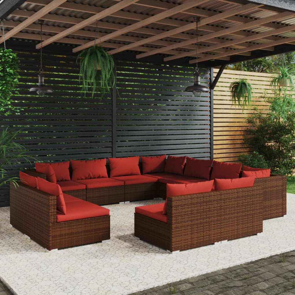 vidaXL 11 Piece Patio Lounge Set with Cushions Brown Poly Rattan