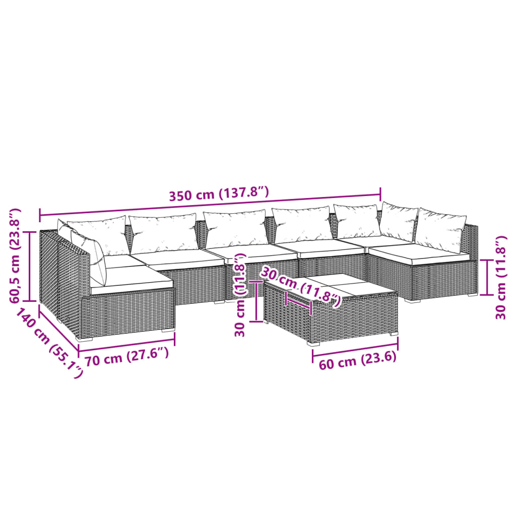 vidaXL 8 Piece Patio Lounge Set with Cushions Poly Rattan Brown