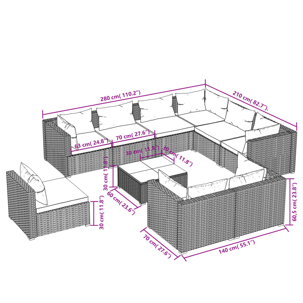 vidaXL 10 Piece Patio Lounge Set with Cushions Poly Rattan Black