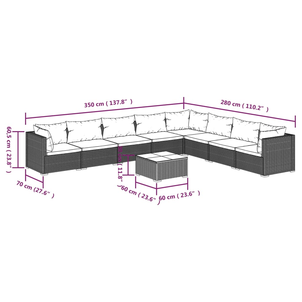 vidaXL 9 Piece Patio Lounge Set with Cushions Poly Rattan Brown