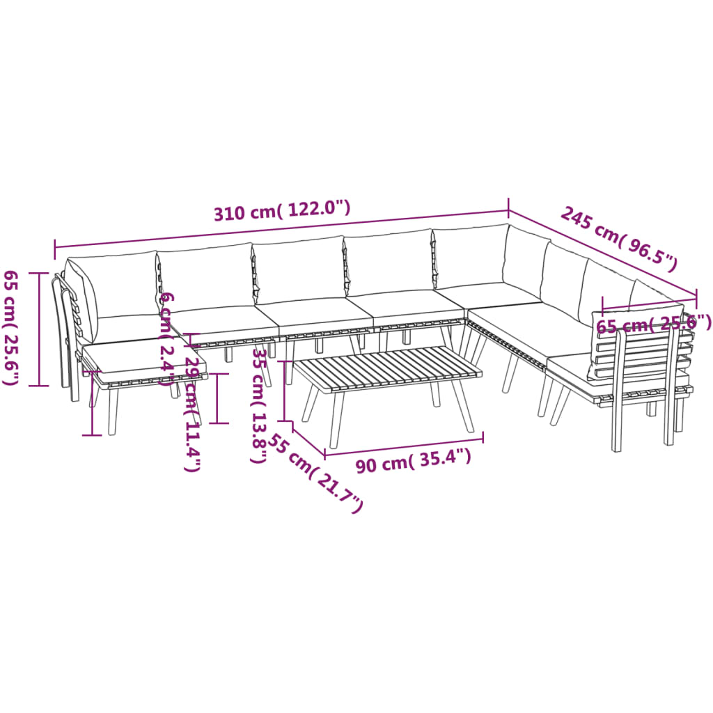 vidaXL 9 Piece Patio Lounge Set with Cushions Solid Acacia Wood