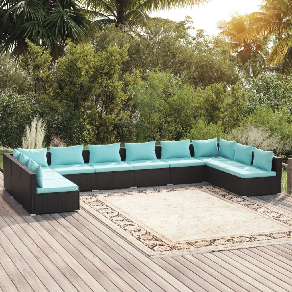 vidaXL 10 Piece Patio Lounge Set with Cushions Poly Rattan Black