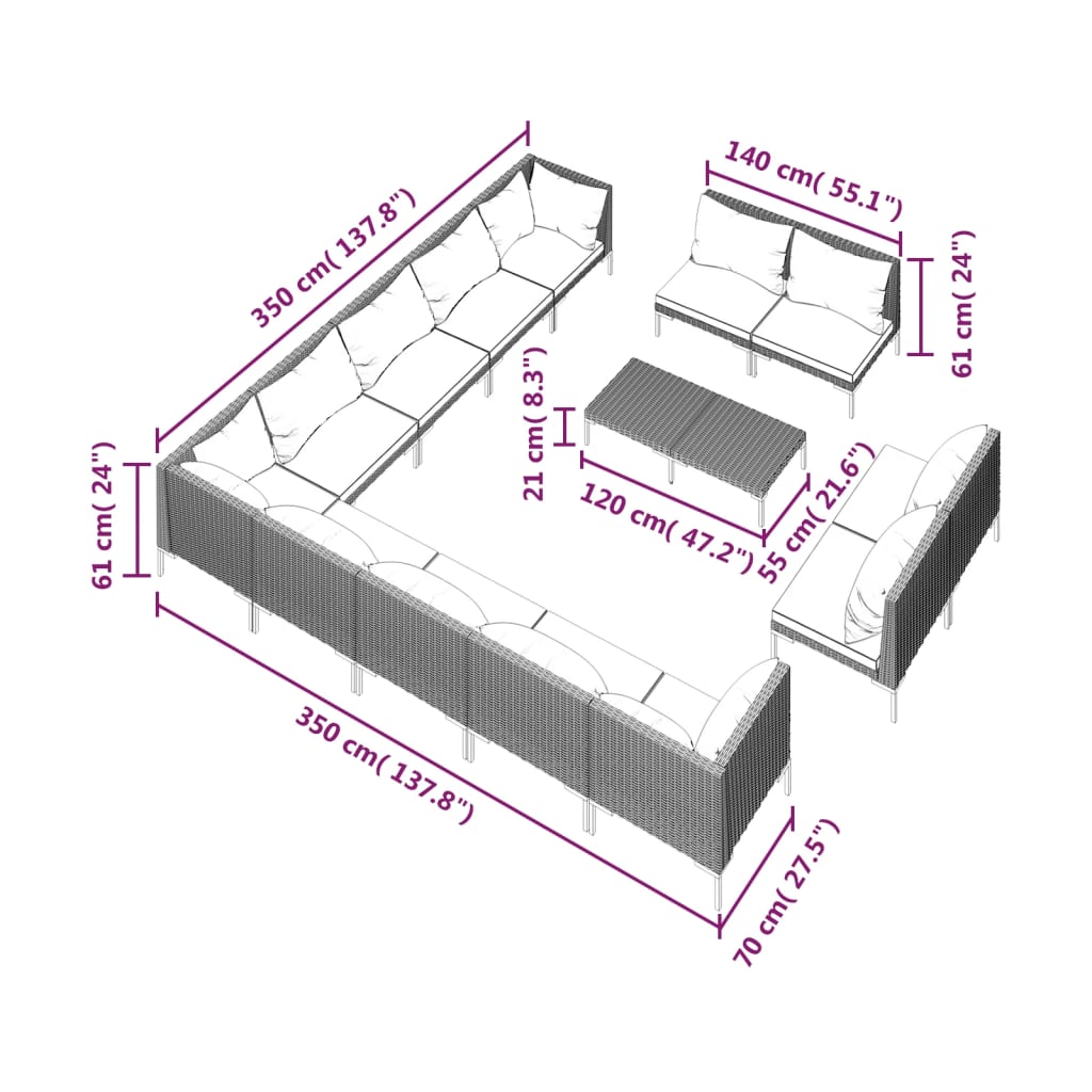 vidaXL 14 Piece Patio Lounge Set with Cushions Poly Rattan Dark Gray