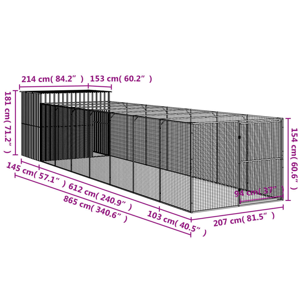 vidaXL Dog House with Run Anthracite 84.3"x340.6"x71.3" Galvanized Steel