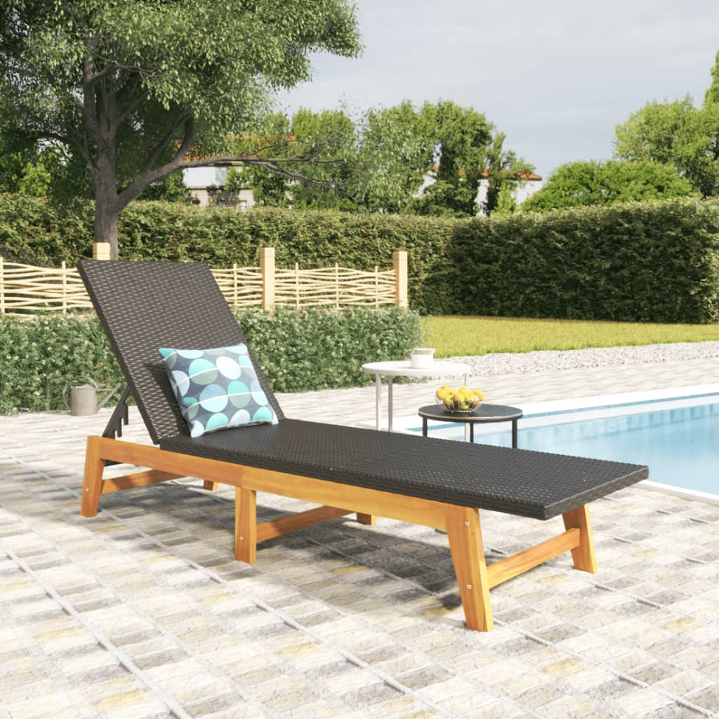 vidaXL Sun Lounger Black and Brown Poly Rattan and Solid Wood Acacia