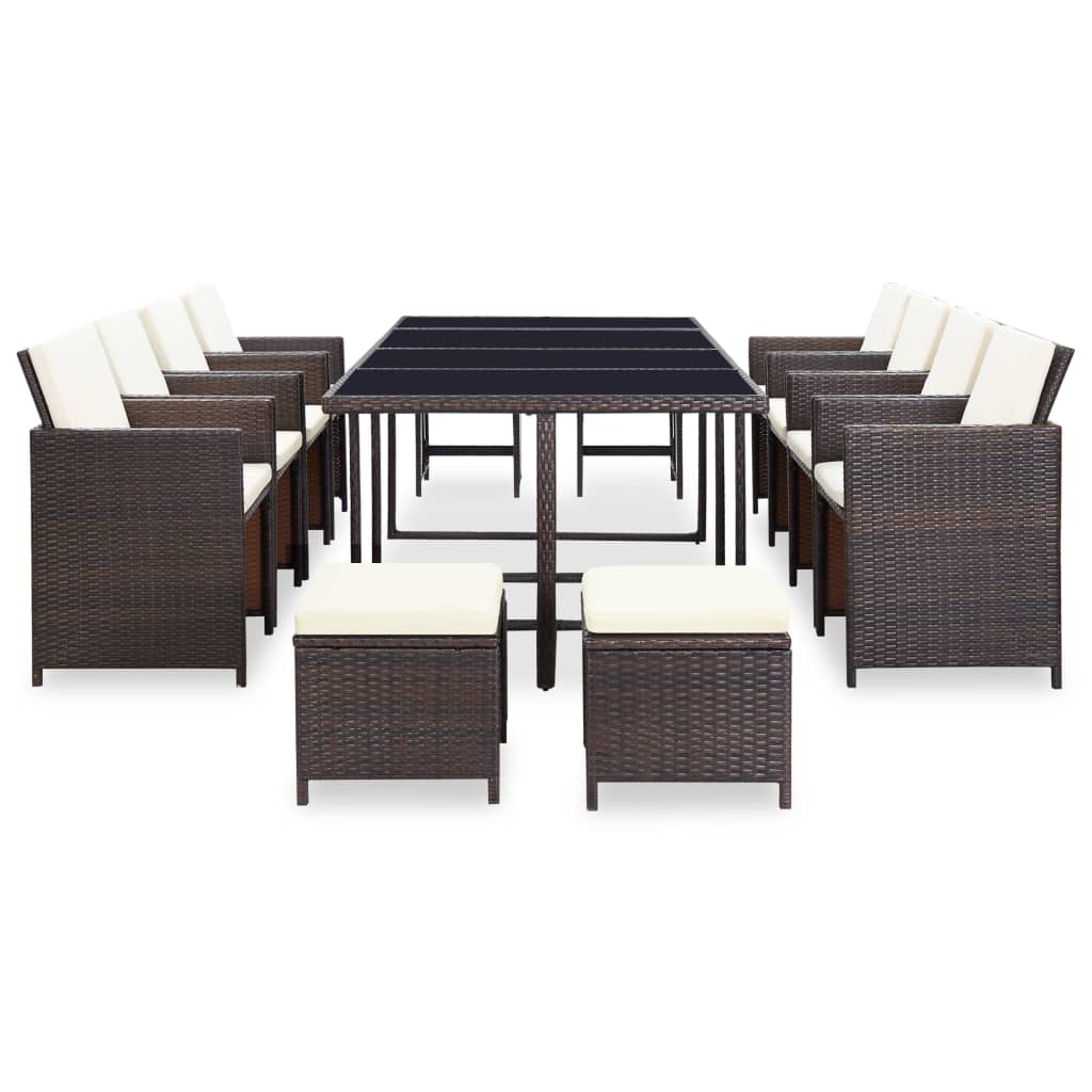 vidaXL 13 Piece Patio Dining Set with Cushions Poly Rattan Brown