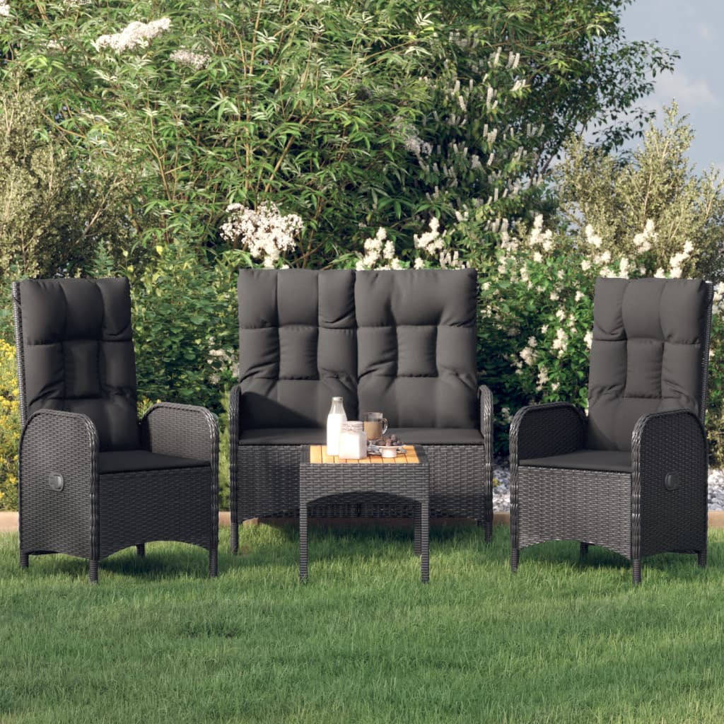 vidaXL 4 Piece Patio Dining Set with Cushions Black Poly Rattan