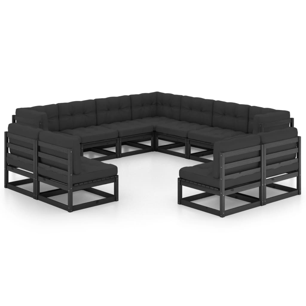 vidaXL 11 Piece Patio Lounge Set with Cushions Black Solid Pinewood