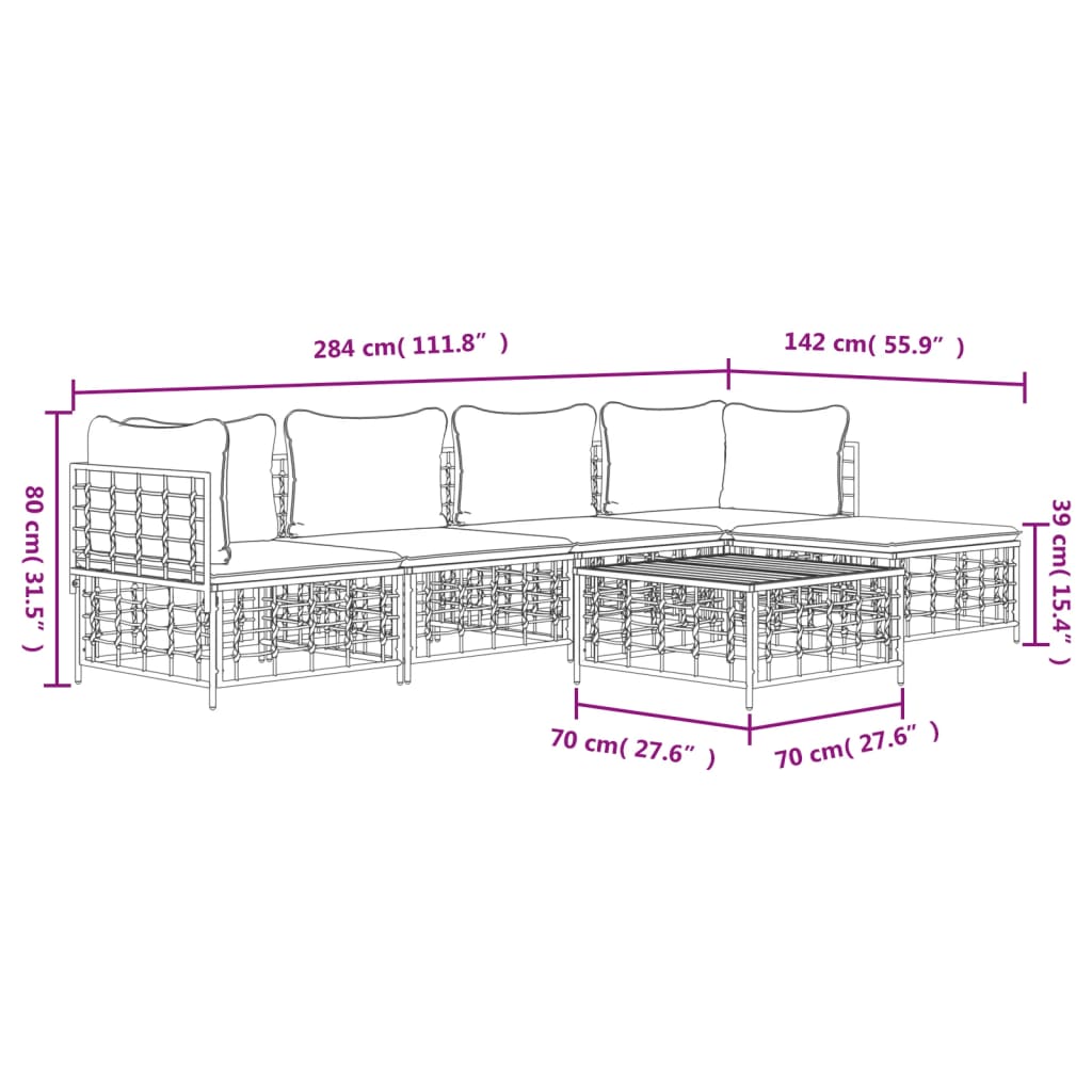 vidaXL 6 Piece Patio Lounge Set with Cushions Anthracite Poly Rattan