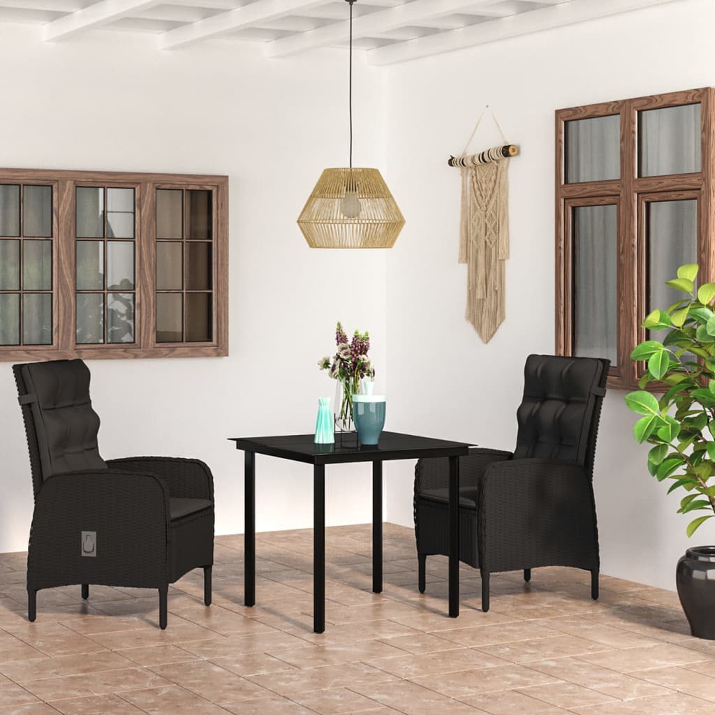 vidaXL 3 Piece Patio Dining Set with Cushions Black