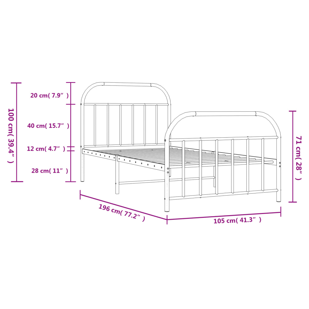 vidaXL Metal Bed Frame without Mattress with Footboard White 39.4"x74.8"