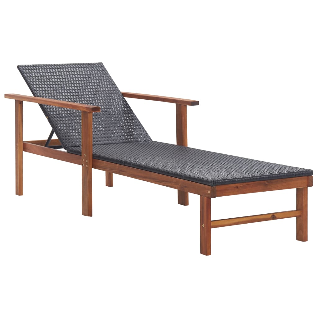 vidaXL Sun Lounger with Cushion Poly Rattan and Solid Acacia Wood Black