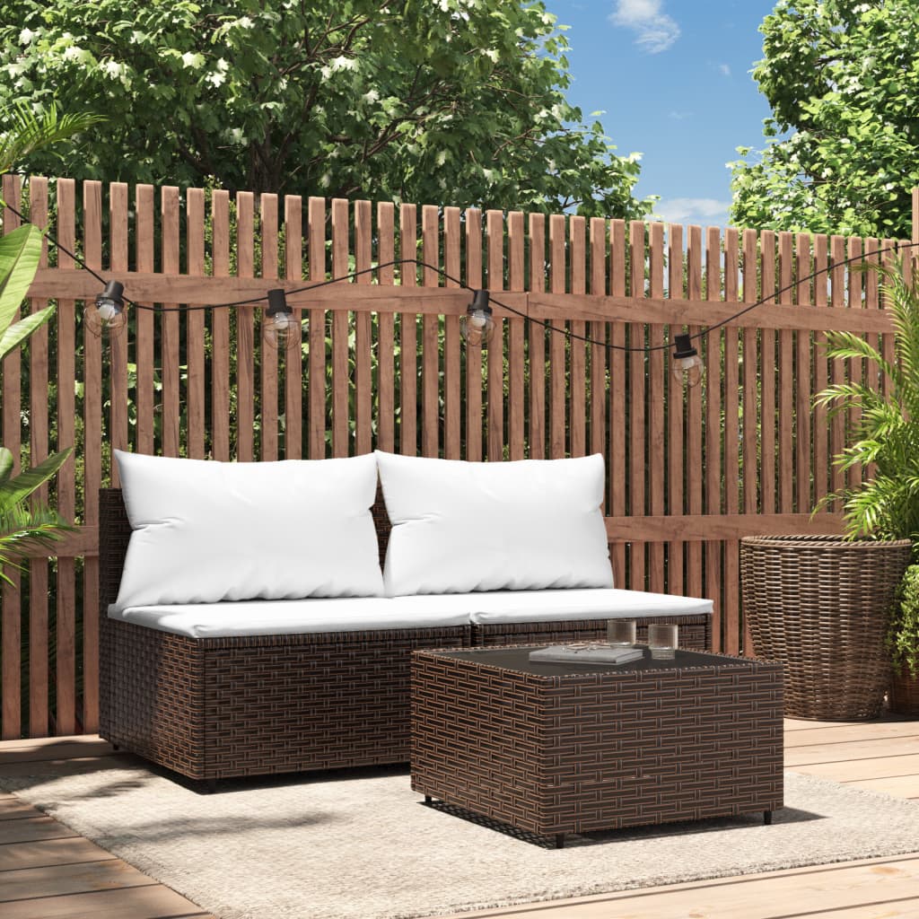 vidaXL 3 Piece Patio Lounge Set with Cushions Brown Poly Rattan