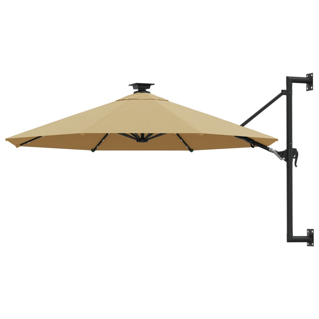 vidaXL Wall-mounted Garden Parasol with LEDs and Metal Pole 118.1" Taupe