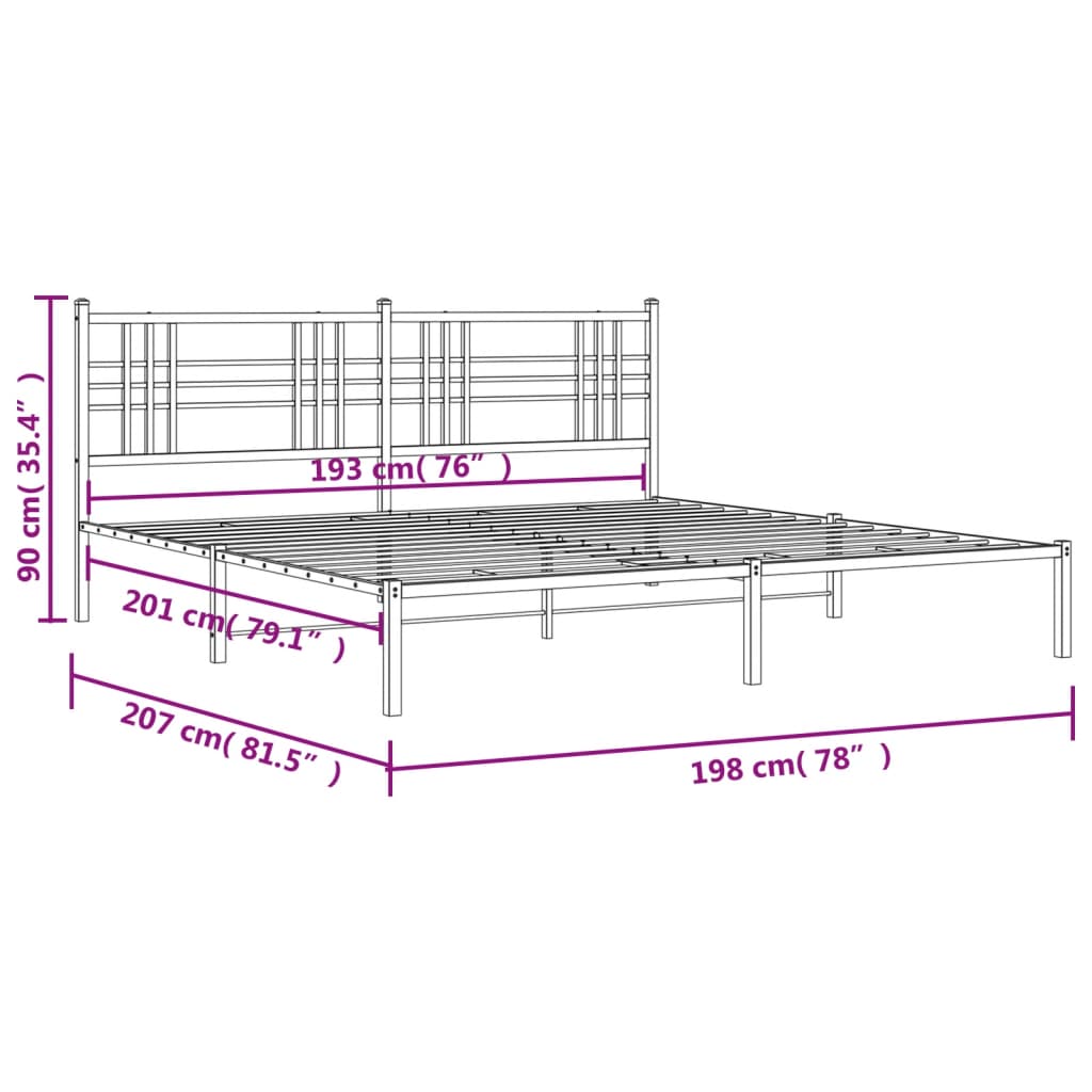 vidaXL Metal Bed Frame without Mattress with Headboard Black 76"x79.9"