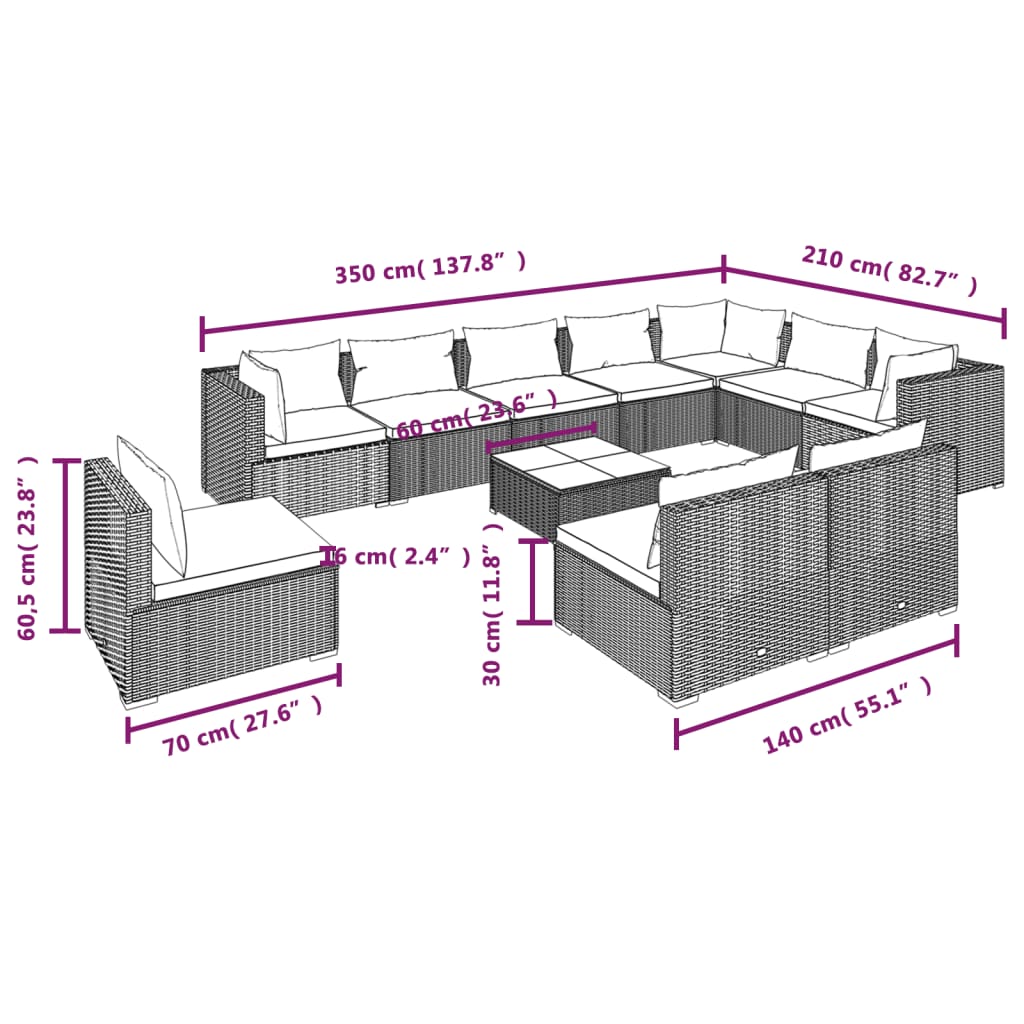 vidaXL 11 Piece Patio Lounge Set with Cushions Poly Rattan Brown