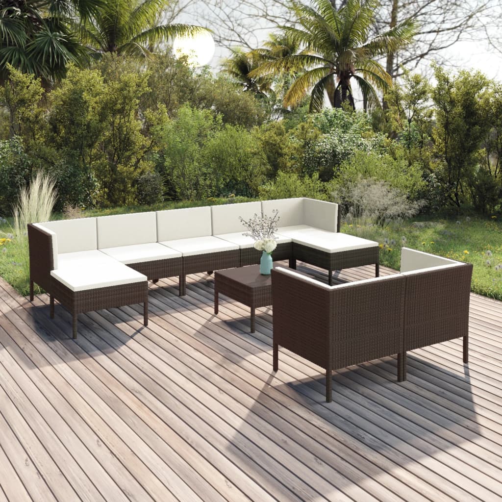 vidaXL 10 Piece Patio Lounge Set with Cushions Poly Rattan Brown