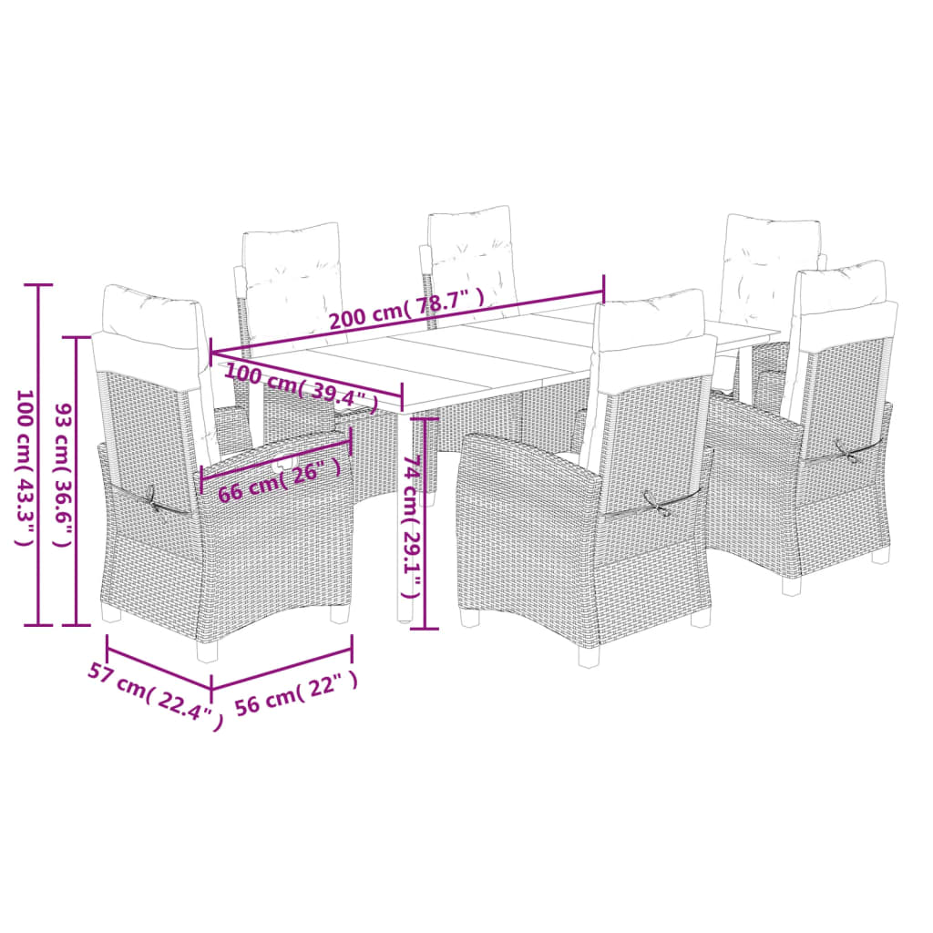 vidaXL 7 Piece Patio Dining Set with Cushions Brown Poly Rattan