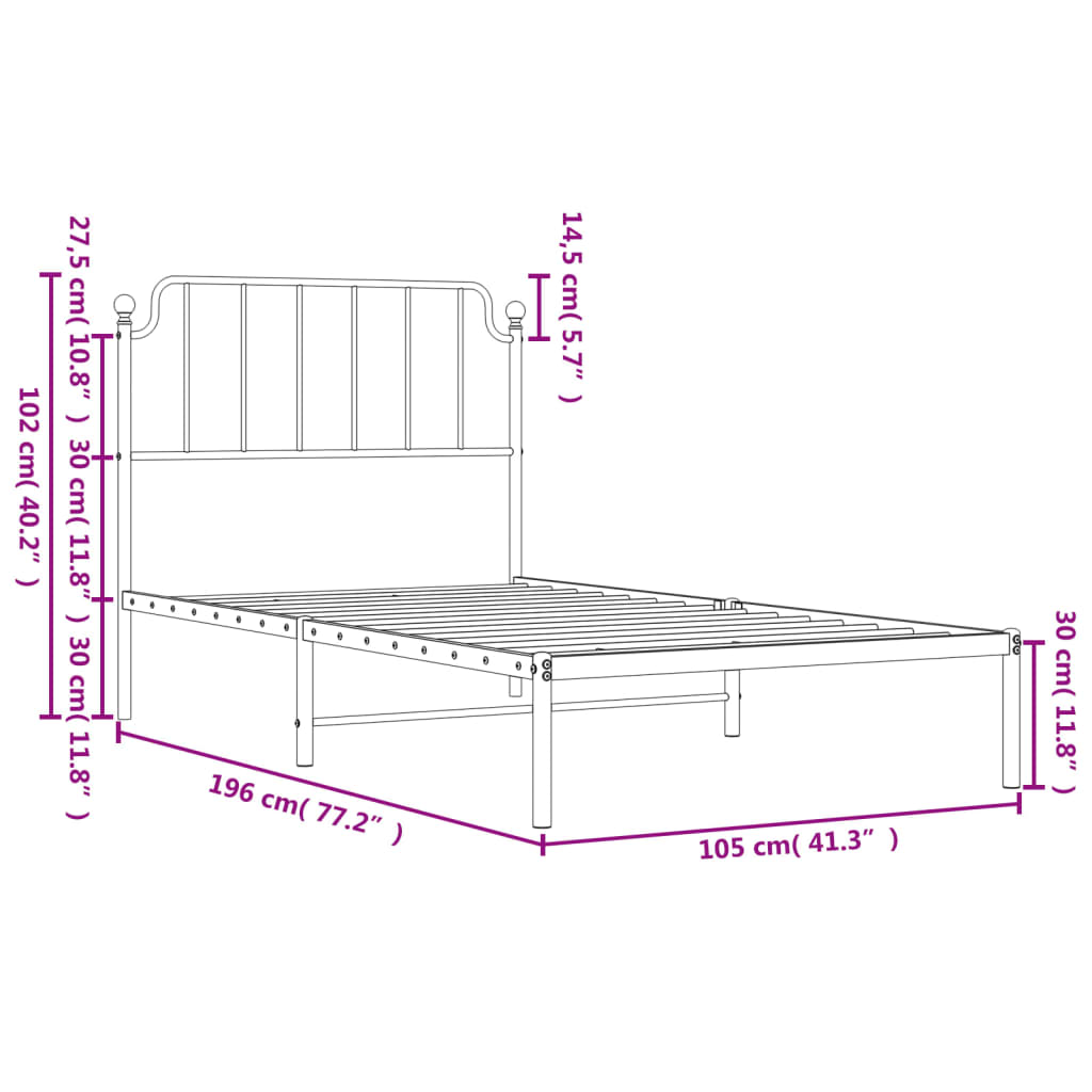 vidaXL Metal Bed Frame without Mattress with Headboard White 39.4"x74.8"