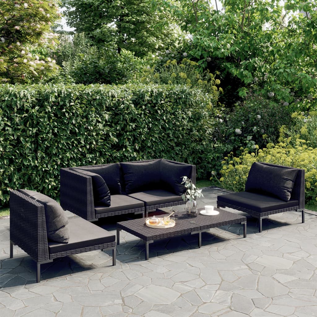 vidaXL 5 Piece Patio Lounge Set with Cushions Poly Rattan Dark Gray