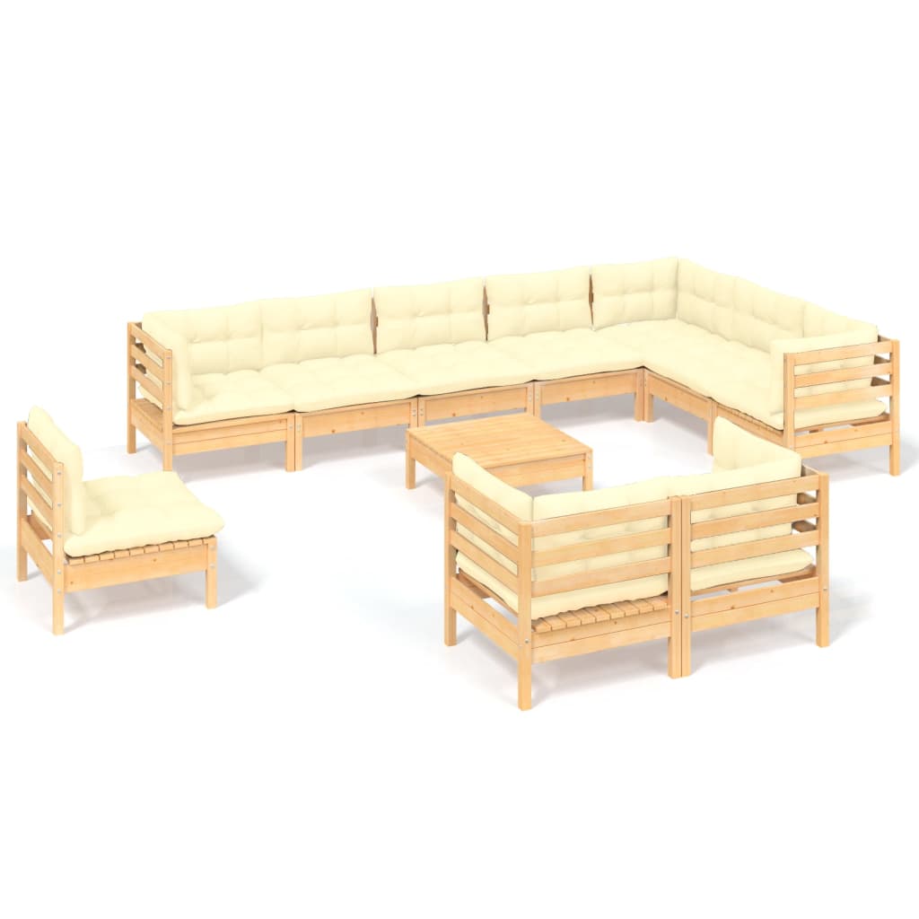 vidaXL 11 Piece Patio Lounge Set with Cream Cushions Solid Pinewood