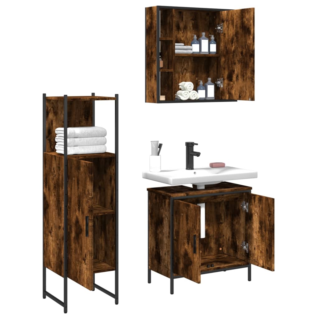 vidaXL 3 Piece Bathroom Cabinet Set Smoked Oak Engineered Wood