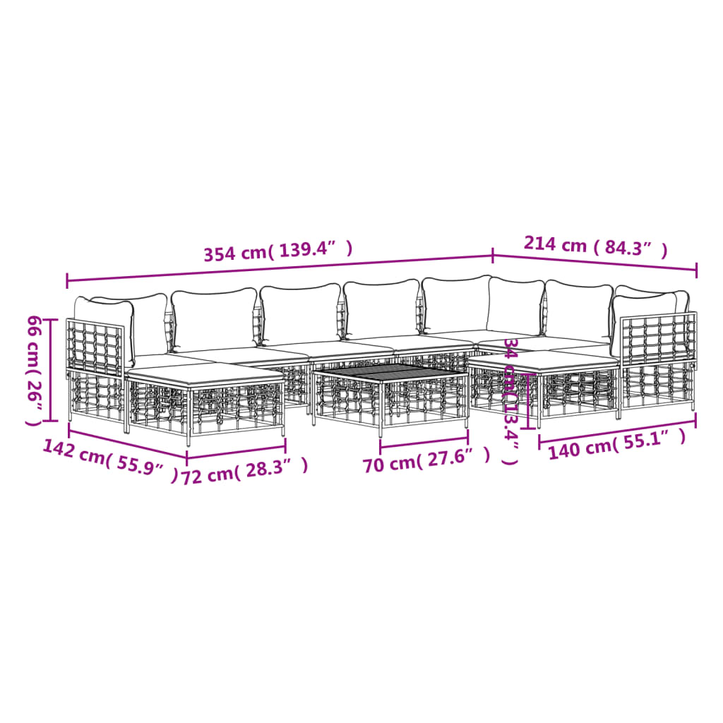 vidaXL 10 Piece Patio Lounge Set with Cushions Anthracite Poly Rattan