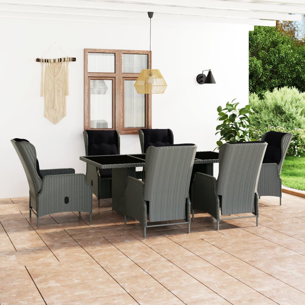 vidaXL 7 Piece Patio Dining Set with Cushions Poly Rattan Light Gray