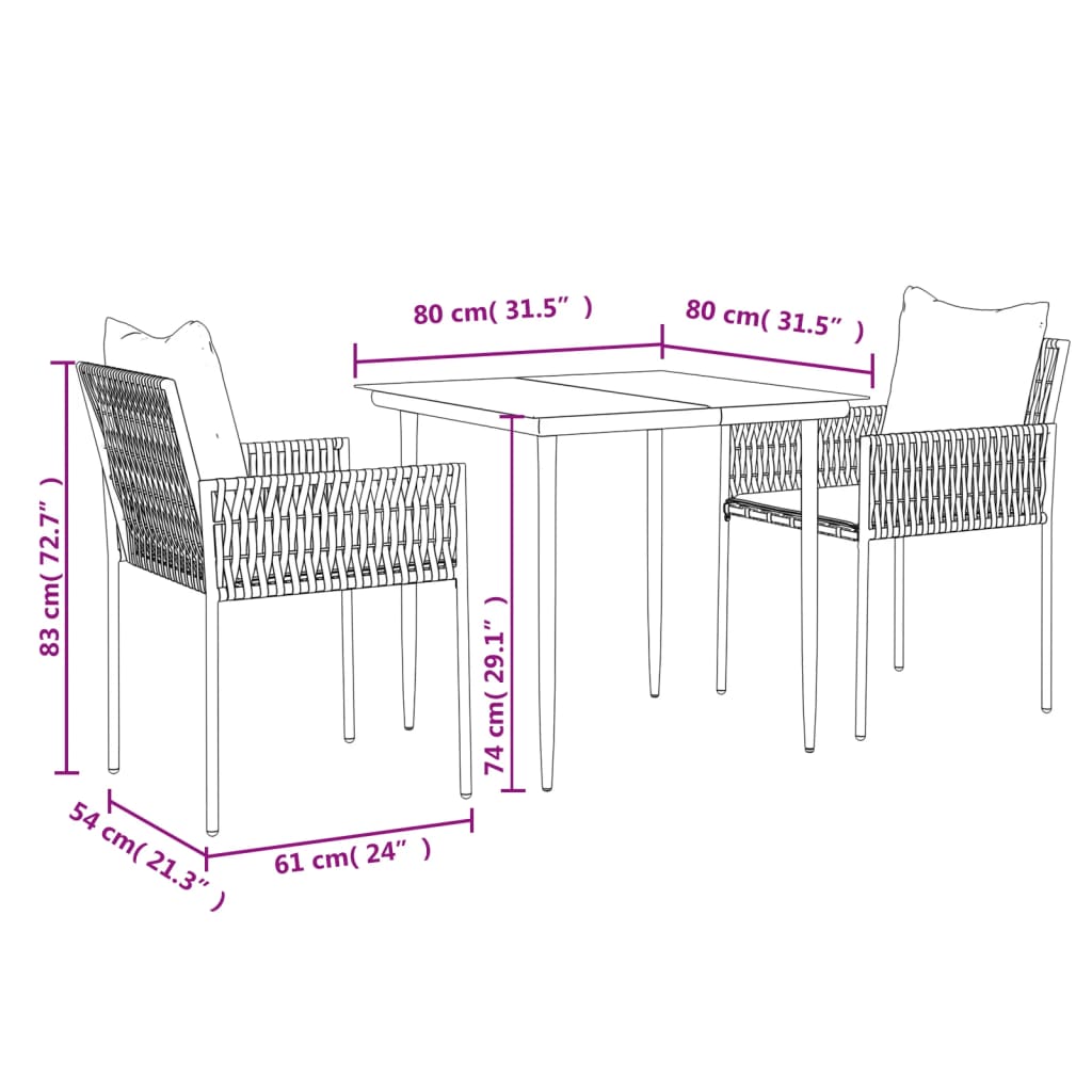 vidaXL 3 Piece Patio Dining Set with Cushions Poly Rattan and Steel