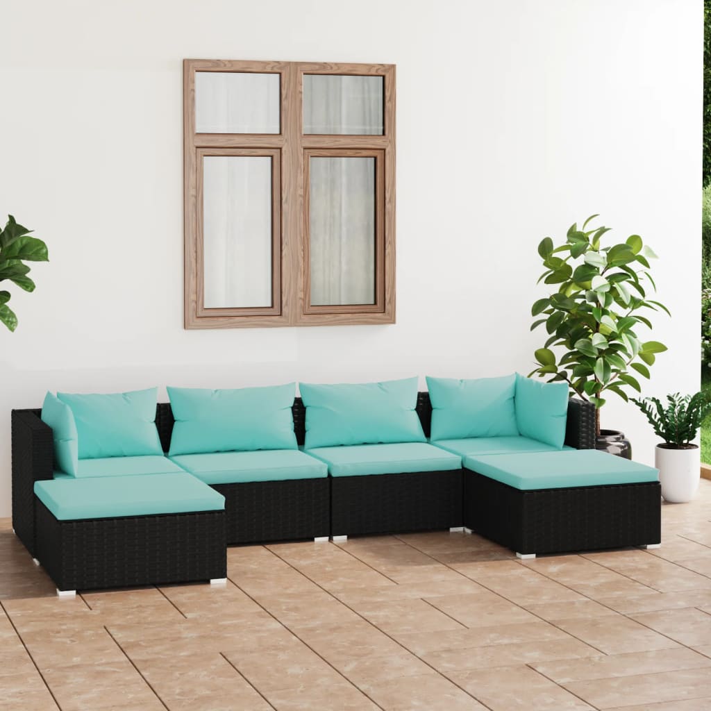 vidaXL 6 Piece Patio Lounge Set with Cushions Poly Rattan Black