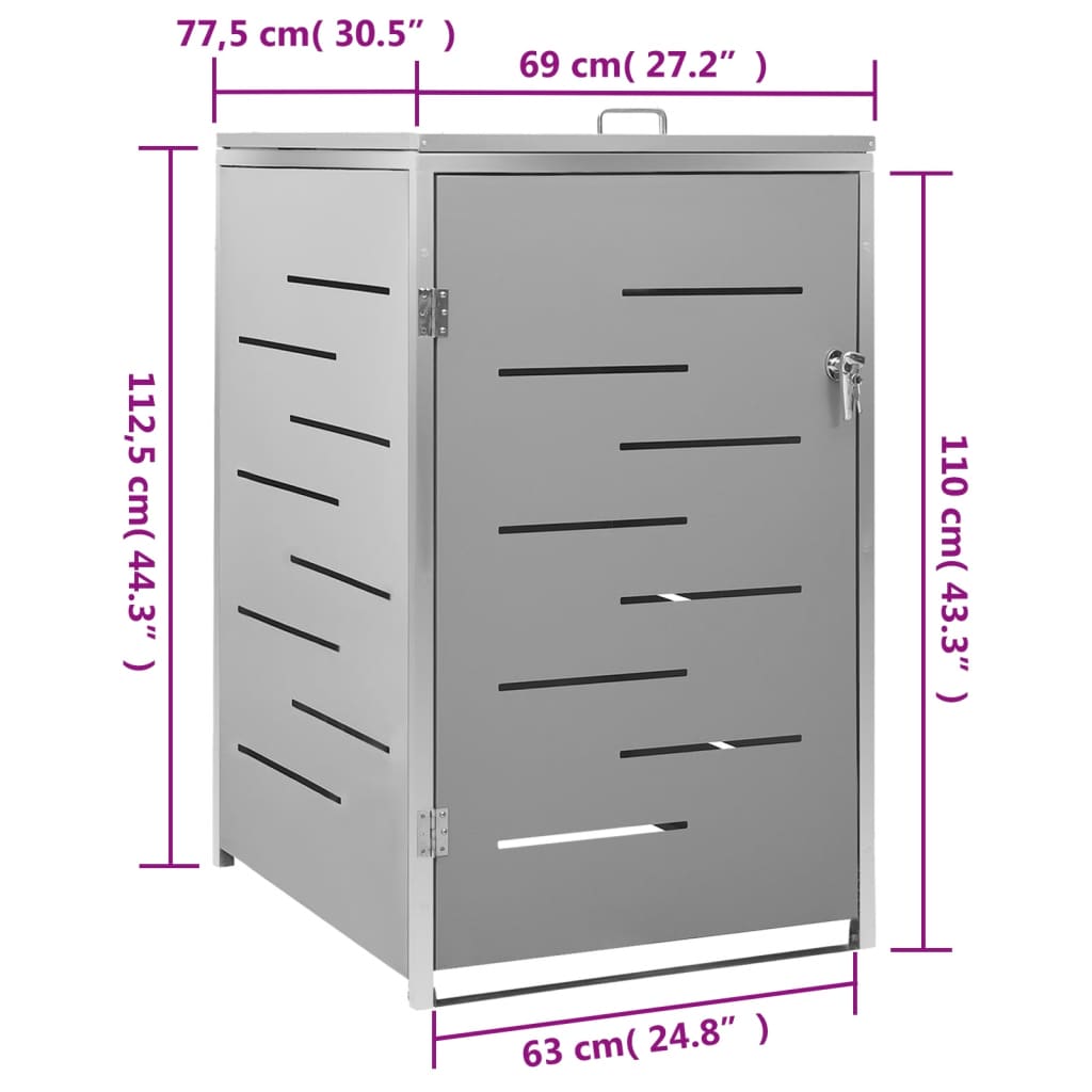 vidaXL Single Wheelie Bin Shed 27.2"x30.5"x44.3" Stainless Steel