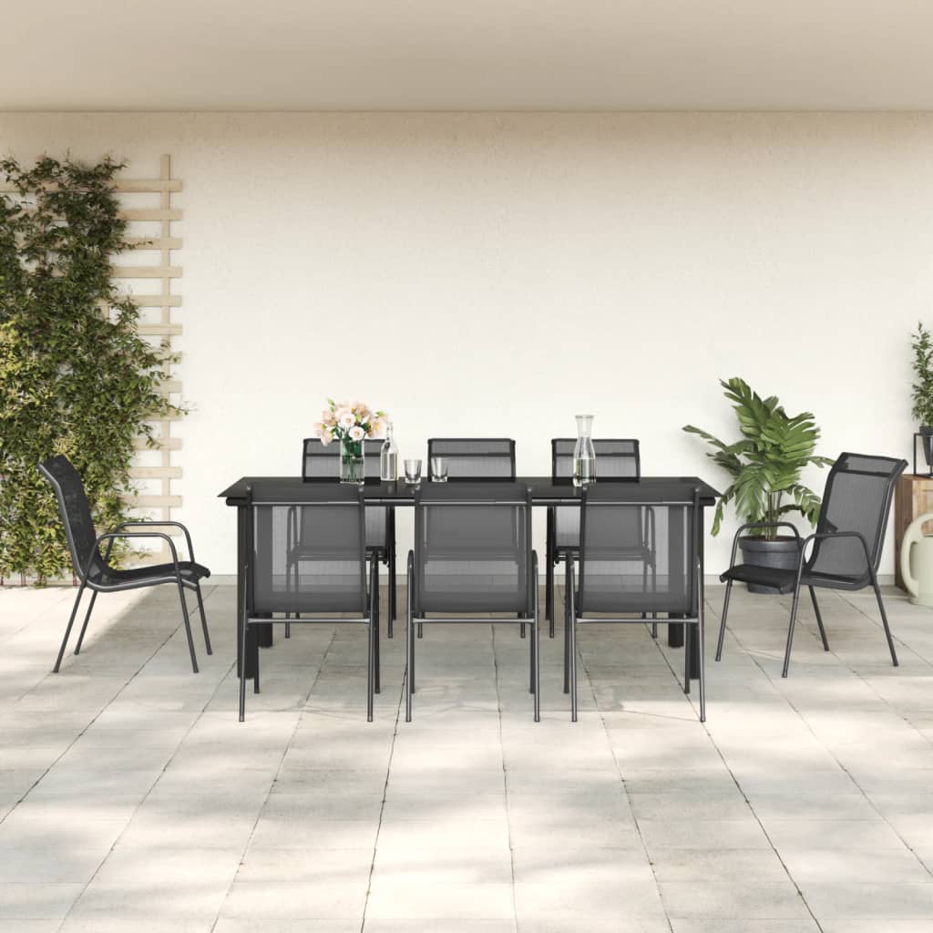 vidaXL 9 Piece Patio Dining Set Black Steel and Textilene