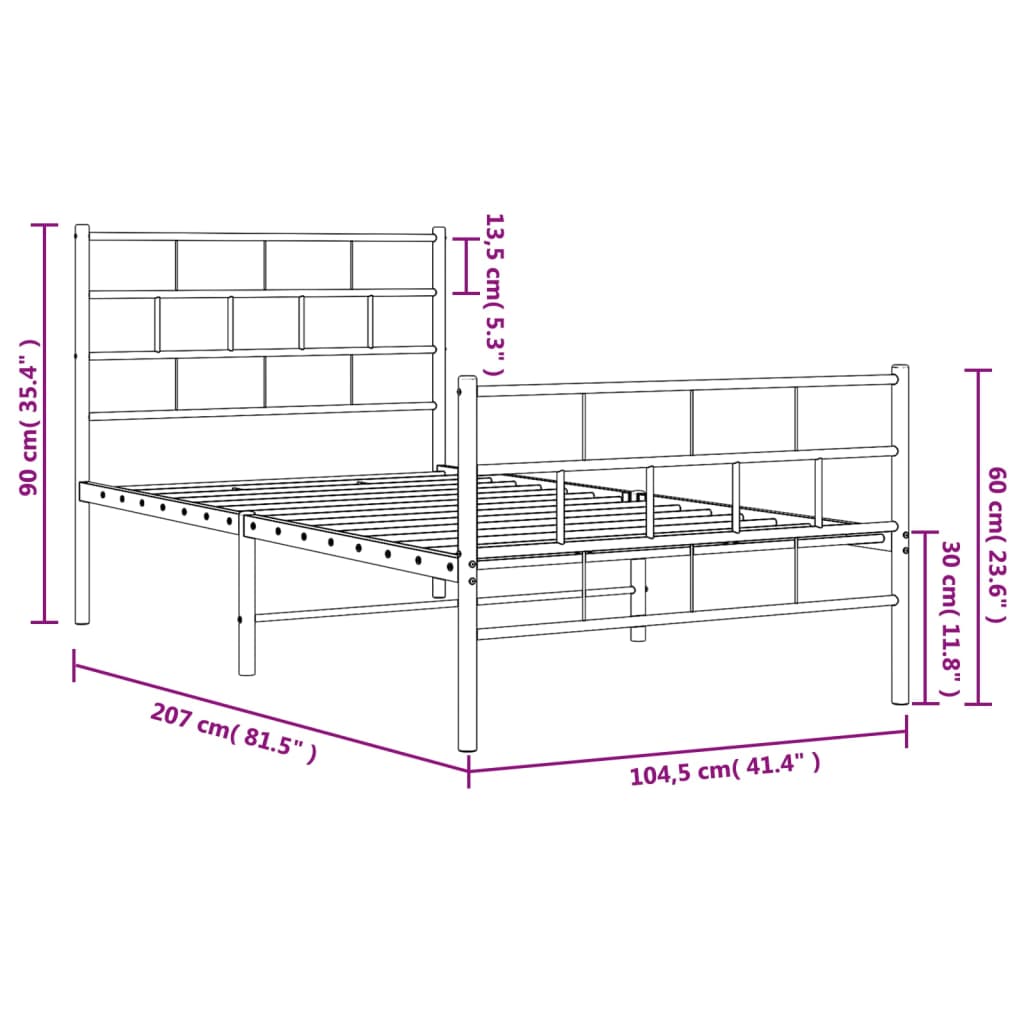 vidaXL Metal Bed Frame without Mattress with Footboard White 39.4"x78.7"