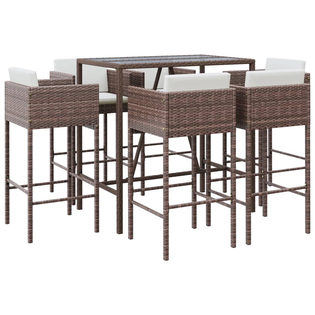 vidaXL 7 Piece Patio Bar Set with Cushions Brown Poly Rattan